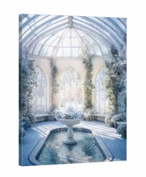 Winter festive marble hall or terrace in old castle, pool or pond and fountain, flowers decorations, fantasy palace arcaded gallery with floral garlands, fairytale castle interior, AI generated