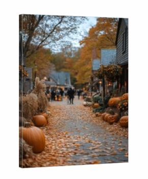 Pumpkin Adorned Street in Autumn With Colorful Leaves and Festive Decorations Showcasing Halloween Spirit.
