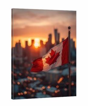 Canadian flag waving proudly against a city skyline during sunset with warm hues illuminating the horizon