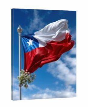 Chilean flag, national colors red white blue, waving proudly on a pole, against a clear blue sky, white clouds, with small white flowers symbolizing national identity and patriotic celebration.