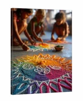 Kids crafting vibrant rangoli patterns for Diwali festivities in a sunlit room