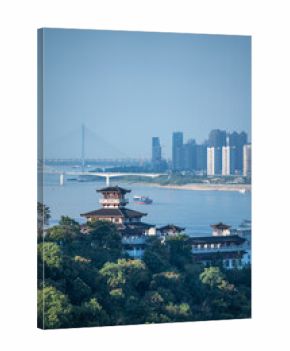 A traditional Chinese building sits atop a green hill overlooking the wide Yangtze River in Wuhan, China, with modern city buildings and a large bridge in the distance under a clear sky.