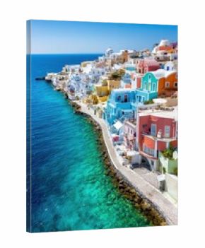 Aerial view of colorful buildings along the Santorini coastline in Greece