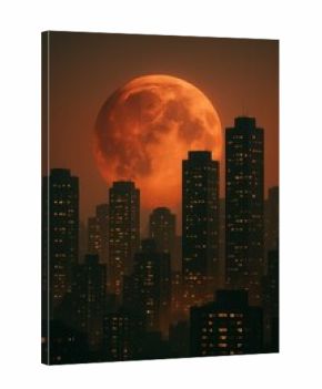 Blood Moon Over City Skyline – Dramatic Night Cityscape with Full Red Moon