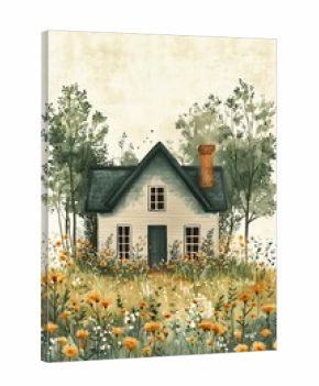 Colorful Flowers Surrounding a Country House in an Autumn Landscape.