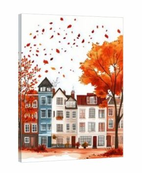 Autumn Streetscape With Colorful Houses and Falling Leaves in a Vibrant Urban Setting