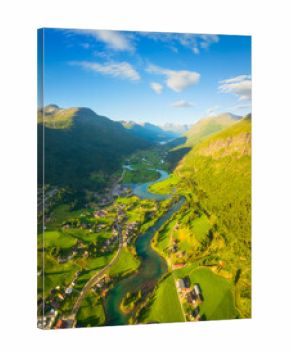 Nature in fjords. Traveling through the Norwegian fjords. Stryn, Norway. River in a mountain valley. Scandinavia. View of nature from the drone. Background, wallpaper, postcards.