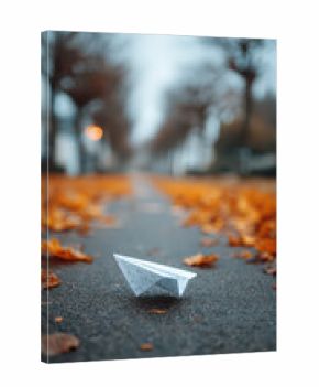 Paper Plane on Urban Path: A close-up shot of a solitary paper plane resting on an urban path. A poignant display of simplicity, dreams, and travel ambition. The scene has a warm.