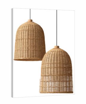 Two intricately woven rattan pendant lights hanging against a neutral backdrop, showcasing their natural texture and design, ideal for enhancing home decor aesthetics