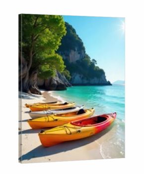 A family of kayaks rests on a sunny beach near calm turquoise water, ready for a relaxing day of paddling and exploration , landscape, sea