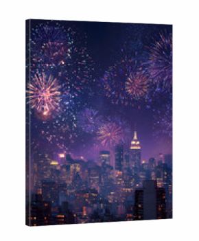 Spectacular city skyline illuminated by bursting fireworks creating a mesmerizing display above modern architecture symbolizing celebrations and festive nights with urban