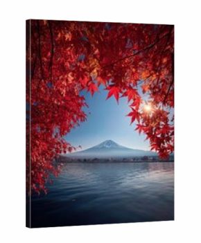 Autumn maple leaves frame the view of Mount Fuji autumn leaf scenery.