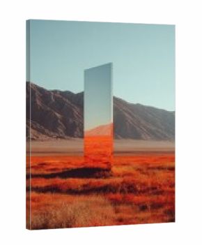 A tall, reflective vertical structure stands amidst a vast, colorful, desert landscape, showcasing a mirrored reflection of the surrounding terrain.