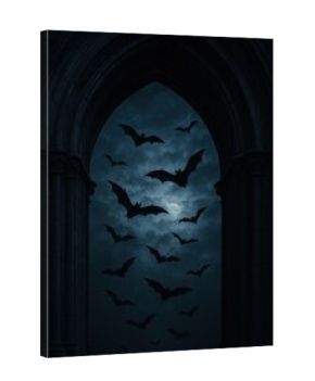 Gothic bats under moonlight archway.