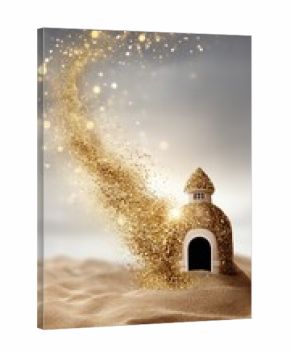 Golden dust swirls around a small sand castle in a dreamy landscape during sunset, capturing a magical moment of creativity and imagination