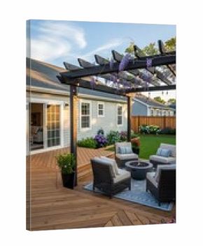 A charming backyard retreat features a pergola with wisteria, a fire pit, and a beautiful wood deck.