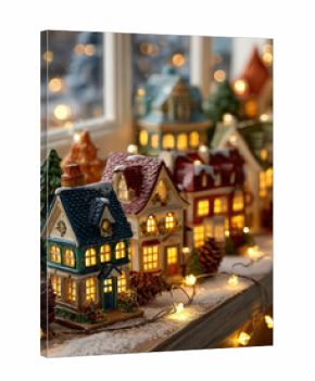 Miniature Christmas village with illuminated houses and festive lights creates cozy holiday atmosphere. Snow dusted pinecones and trees add to winter charm