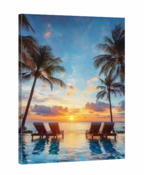 Sunset view over calm ocean with palm trees and four empty lounge chairs beside an infinity pool reflecting the colorful sky