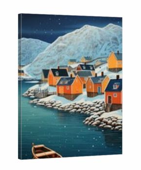 Colorful fishing village in a snowy shore architecture landscape building.