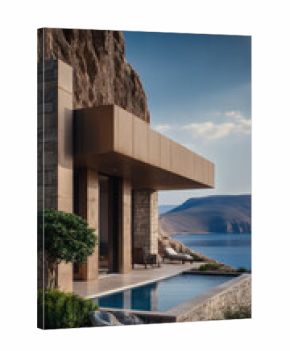 Modern cliffside villa with infinity pool, stone wall, wooden deck, and panoramic sea view, tranquil and luxurious atmosphere