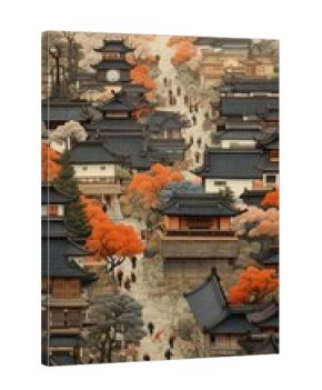 Japanese wood block print illustration of town architecture tradition building.