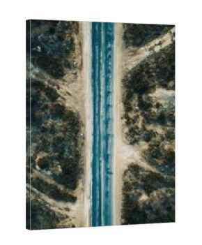 Aerial top down view of stunning lonely long road in america landscape outdoors nature.