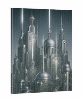 Futuristic metallic cityscape design.