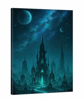 Futuristic cityscape under starry sky.