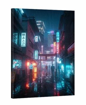 Neon-lit Urban Alleyway at Night with Rain Reflections in a Futuristic City