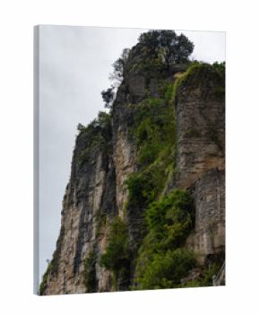 Towering rock formations draped with lush green plants rise towards the sky in Enshi City, China,