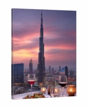 Guests enjoy a fine dining experience high above the city, savoring gourmet dishes paired with elegant wines. The vibrant sunset casts a warm glow over the breathtaking skyline