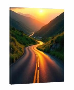 A vanishing point perspective of a winding road disappearing into a lush green valley, bathed in the golden light of sunset The road is paved and curves gently, inviting exploration , sun, path