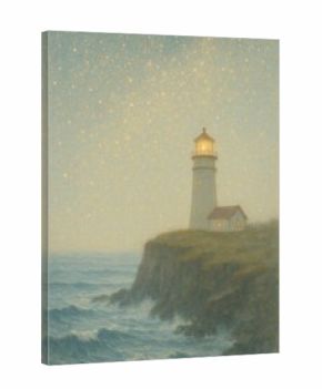 A serene lighthouse stands on a cliff, surrounded by a starry night sky and ocean waves. The lighthouse emits a warm glow, guiding ships through the starry night.