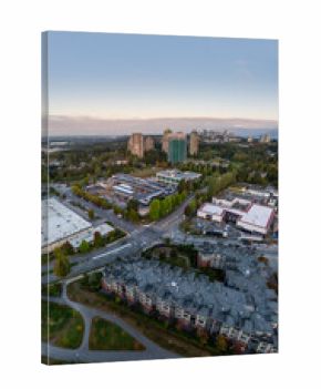 Aerial View Of New Westminster Suburban Cityscape With High Rise Buildings And Greenery