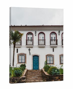 Colonial House Facade with Blue Door in Historic Town of Ouro Preto, Braz