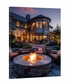 Vibrant photo of a luxurious mansion with a glowing fire pit at twilight