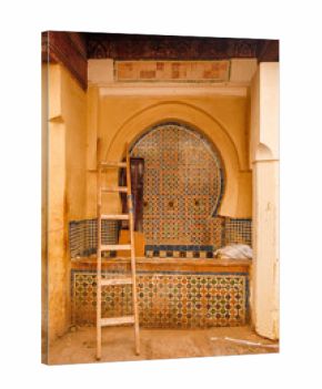 Abandoned traditional Moroccan fountain in the old town of Fes, with ladder and unused objects surrounding the worn structure.