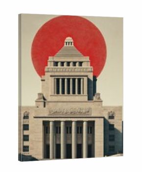 Japanese Diet Building with Rising Sun Flag Overlay in Minimalist Style