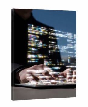 Professional Business Person with Holographic Edge Computing Interface Premium Tech for Data Analysis and Consulting Promotion