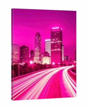 Wide-angle view of Houston skyline with Space Center Highway in background