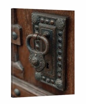 Antique brass door knocker with ornate design on wooden door