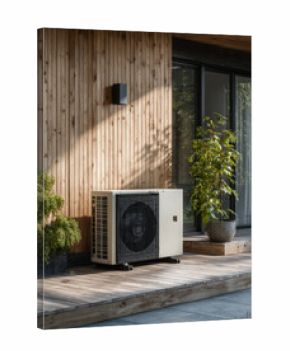 Outdoor heat pump unit mounted on timber cladding wall with bracket and drain
