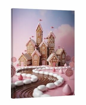 Whimsical gingerbread village with candy river and lollipops castle house