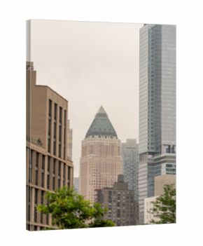 Urban photography capturing diverse New York buildings with cityscape and city life background