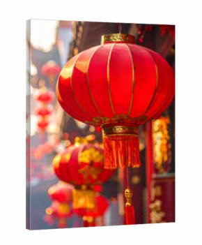 Close-up of traditional Chinese red lantern hanging at sunset or sunrise. Symbolic illustration of Chinese New Year, Lunar New Year and Asian cultural celebrations.