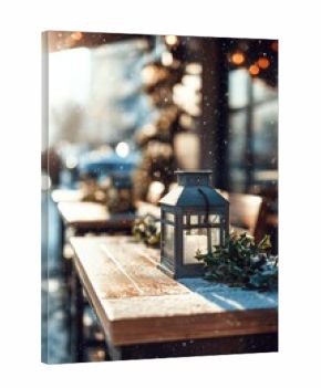 Vintage lantern with glowing candle surrounded by holly leaves and red berries on snowy wooden table outdoors. Rustic winter holiday ambiance, magical snowy evening glow vibe.