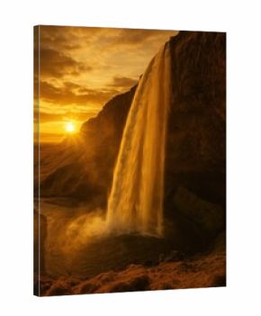 Golden waterfall sunset scenery.
