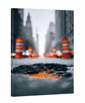 Urban decay meets gritty beauty. Pothole in city street, construction cones signal hazard. Use for infrastructure, repair, urban issues, or metaphorical challenge concepts.