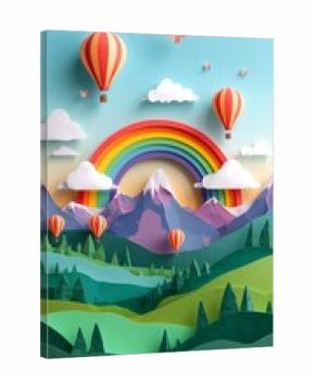 A vibrant illustration of a fantasy landscape with colorful hot air balloons and a rainbow. The scenery is filled with paper-cut elements, including mountains, trees, and birds, under a bright.