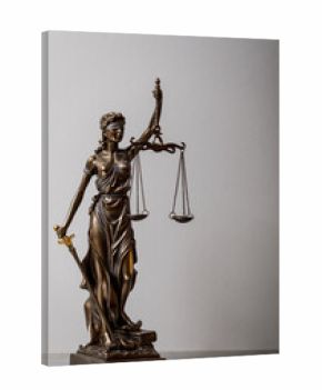 A bronze statue of Lady Justice, blindfolded, holding scales and a sword. Symbol of justice, law, and fairness, set against a neutral backdrop.